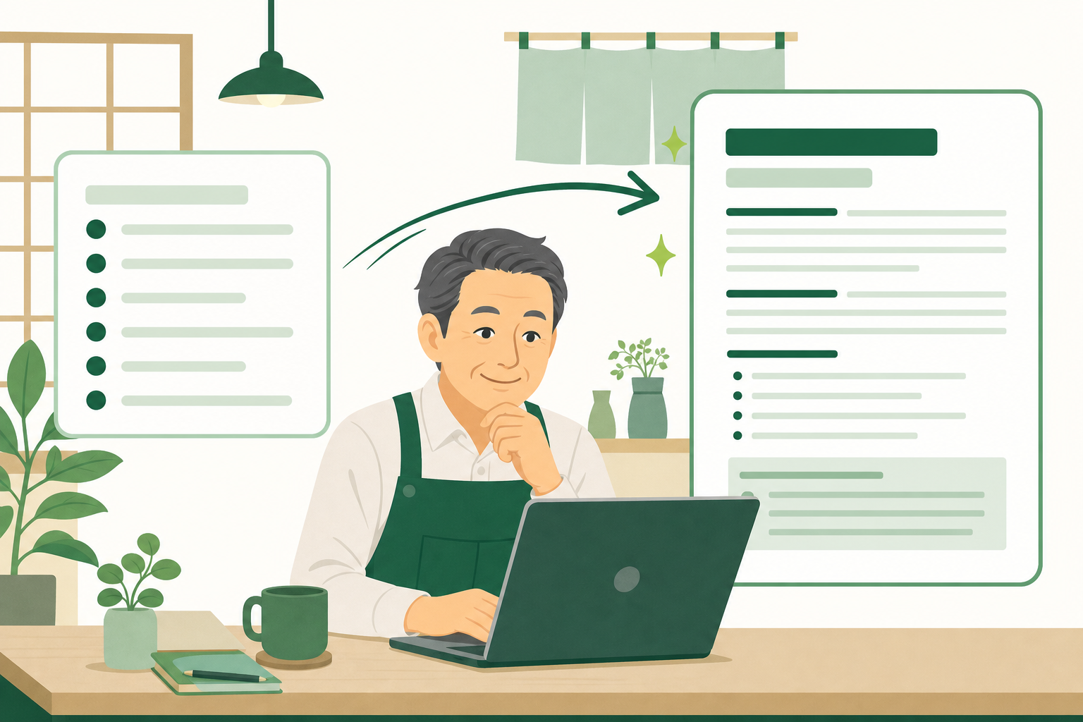 中小企業の経営者がパソコンでAI求人票の下書きが自動生成される様子を見ているイラスト
